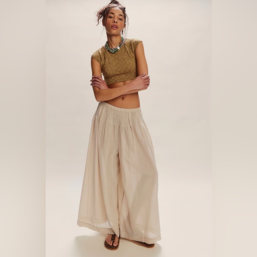 🆕Free People Rising Sun-Oatmeal. Elastic Waist Gauzy Linen Pants-Medium.Sheerish